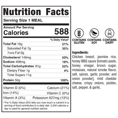 BBQ Meltdown nutrition facts label: 588 calories/serving, high in protein. Lists protein, fat, carbs, vitamins, minerals; allergens: gluten, soy, dairy. Main ingredients: chicken, rice, BBQ sauce, brown sugar, seasonings.