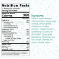 Blueberry French Toast nutrition facts label: 360 calories per serving. Made with wheat blend bread, whey protein, eggs, almond milk, cinnamon, blueberry flavor, cream cheese no sugar maple syrup for a high-protein breakfast.