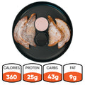 A black plate featuring four slices of Blueberry French Toast and two dipping sauces in the center, with nutrition facts below: 360 calories, 25g protein, 43g carbs, and 9g fat—a delicious high-protein option that’s perfect for a sugar-free breakfast.