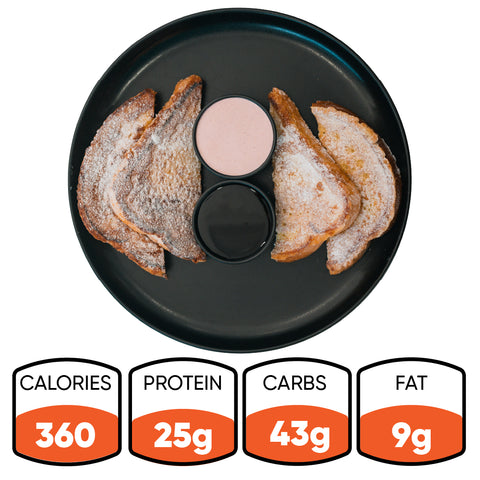 A black plate featuring four slices of Blueberry French Toast and two dipping sauces in the center, with nutrition facts below: 360 calories, 25g protein, 43g carbs, and 9g fat—a delicious high-protein option that’s perfect for a sugar-free breakfast.