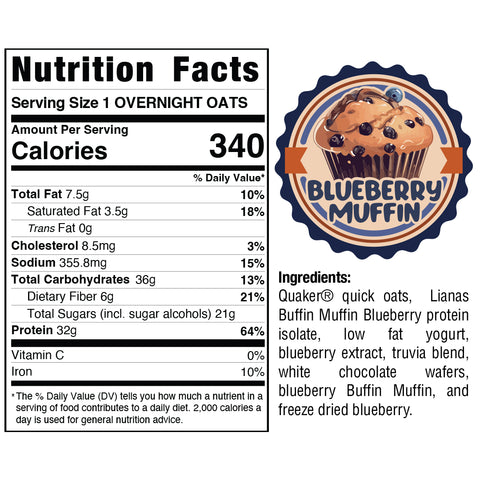VIP Overnight Oats - Blueberry: 340 calories per serving—enjoy a delicious, high-protein breakfast made with oats, protein isolate, blueberry extract, muffin flavor, and dried blueberries.