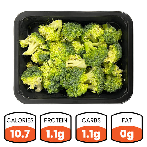 A black container holds Competition Approved Fresh Broccoli Florets 1lb. Below, nutrition labels show this veggie has 10.7 calories, 1.1g protein, 1.1g carbs, and 0g fat per serving.