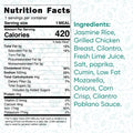The Brookfield Chicken Bowl nutrition label lists 420 calories per meal, with fat, cholesterol, carbs, protein, vitamins, and minerals. Ingredients include rice, chicken, cilantro, lime, cumin, mozzarella cheese, corn, and sauce.