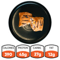 The Broritto Burrito, grilled and sliced in half, rests on a black plate with its nutrition facts shown below: 390 calories, 45g protein, 27g carbs, and 12g fat.