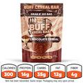 A resealable bag of Chocolate Buff Cereal Bar is shown. Nutrition: 300 calories, 16g protein, 35g carbs, 12g fat, and 4g fiber. Now rebranded as the perfect gym snack; recipe unchanged.