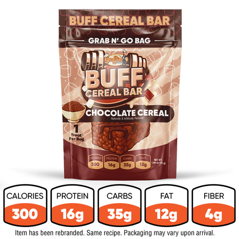 A resealable bag of Chocolate Buff Cereal Bar is shown. Nutrition: 300 calories, 16g protein, 35g carbs, 12g fat, and 4g fiber. Now rebranded as the perfect gym snack; recipe unchanged.