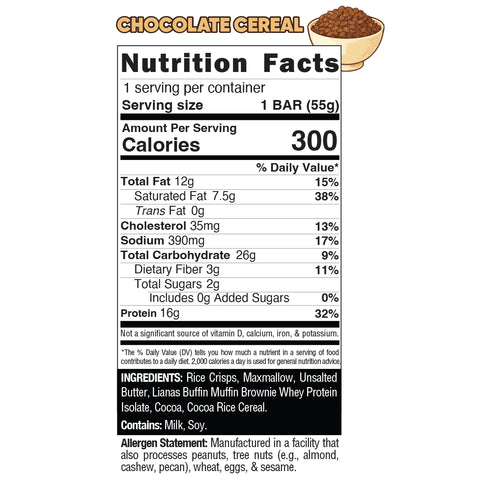 Chocolate Buff Cereal Bar—1 bar per pack, 300 calories. Nutrition label includes fat, cholesterol, sodium, carbs, sugars, fiber, protein, ingredients allergen info. Great post-workout snack.