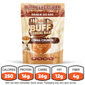 A resealable Cinna Crunch Buff Cereal Bar bag with cinnamon protein bars—250 calories, 16g protein, 26g carbs, 12g fat, and 4g fiber per bag—a delicious high-protein snack.