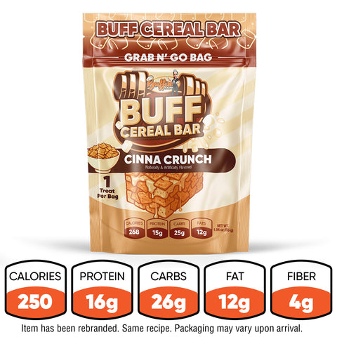 A resealable Cinna Crunch Buff Cereal Bar bag with cinnamon protein bars—250 calories, 16g protein, 26g carbs, 12g fat, and 4g fiber per bag—a delicious high-protein snack.