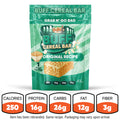 A green resealable bag labeled “Buff Cereal Bar Original Recipe Subscription” features a rice crisps treat and nutrition facts: 250 calories, 16g protein, 26g carbs, 12g fat, and 3g fiber. A high-protein snack—packaging may vary.