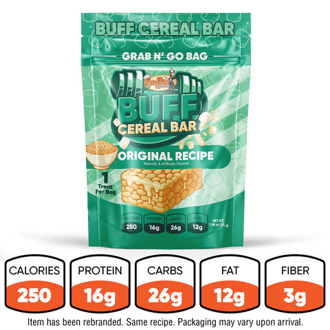 A green resealable bag labeled “Buff Cereal Bar Original Recipe Subscription” features a rice crisps treat and nutrition facts: 250 calories, 16g protein, 26g carbs, 12g fat, and 3g fiber. A high-protein snack—packaging may vary.