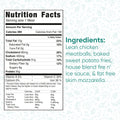 The nutrition label for Buffalo Chicken Meatballs lists 380 calories per serving, with details on fat, cholesterol, sodium, carbs, and protein. Includes meatballs, baked sweet potato fries, and fire n’ ice sauce—ideal for healthy meal prep.
