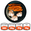 A serving of Buffalo Chicken Meatballs with sweet potato fries, arranged on a black plate, offers a tasty and healthy dinner or an easy meal prep option. Each serving provides 380 calories, 35g protein, 31g carbs, and 15g fat.