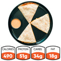 A black plate holds three Buffalo Chicken Quesadilla slices with dipping sauce. Each high-protein meal has 490 calories, 51g protein, 34g carbs, and 18g fat—ideal for meal prep or a quick bite.
