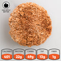 An overhead view shows a round, crumbly Buffin Muffin topped with cinnamon sugar. The label highlights apple batter and multiple flavors. Nutrition: 401 calories, 22g protein, 49g carbs, 13g fat, and 1g fiber.