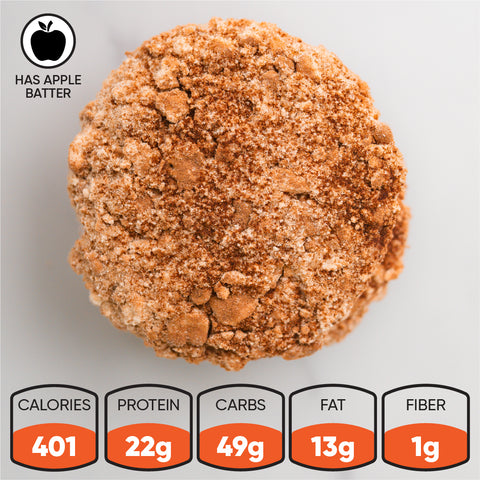 An overhead view shows a round, crumbly Buffin Muffin topped with cinnamon sugar. The label highlights apple batter and multiple flavors. Nutrition: 401 calories, 22g protein, 49g carbs, 13g fat, and 1g fiber.
