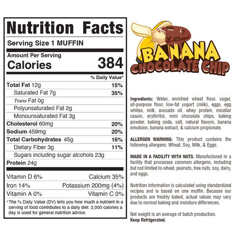 Nutrition facts for Buffin Muffin, Banana Chocolate Chip: 384 calories per muffin. Features ingredients, allergen info, and a cartoon banana with chocolate chips next to bold "Banana Chocolate Chip." More flavors available.