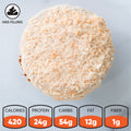 Top view of a crumb-covered Banana Cream Protein Dream CORE Team Edition muffin with filling icon and nutritional facts: 420 calories, 24g protein, 54g carbs, 12g fat, 1g fiber. A tasty high-protein dessert option.