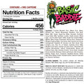 A nutrition label for a Basic Baddie Buffin Muffin, listing calories, nutrients, ingredients, and allergy warnings. A cartoon green-faced character in orange clothing stands beside the product name at the top right. Perfect as a high protein snack or a low caffeine dessert option.