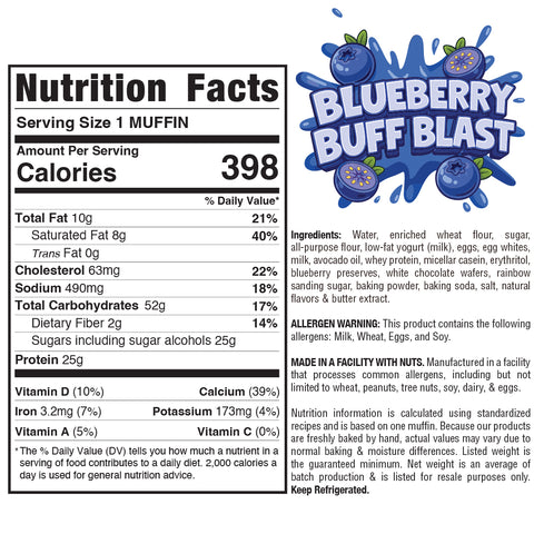 Nutrition label for the Exclusive-20 from Buffin Bakery with illustrated blueberries and “Exclusive-20” text, ingredient list, allergy info, and nutritional values—including 398 calories per muffin. Perfect for fans of early-access products or as a sweet companion to your Hummus Fit favorites.