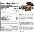 Buffin Muffin Boston Chocolate Creme nutrition facts and ingredients label displays per-serving nutritional values, full ingredients, allergen info, and storage instructions on white with a chocolate muffin graphic. Other flavors available.