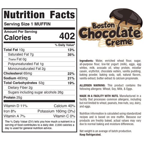 Buffin Muffin Boston Chocolate Creme nutrition facts and ingredients label displays per-serving nutritional values, full ingredients, allergen info, and storage instructions on white with a chocolate muffin graphic. Other flavors available.