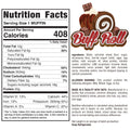 Nutrition label for Buffin Muffin: 408 calories, 12g fat, 15g carbs, 29g protein per serving. Features ingredient list, allergen and facility info, storage guide. Buffin Muffin logo with chocolate piece on top; multiple flavors available.