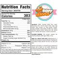 Buffin Muffin nutrition label: 383 calories per serving. Features nutritional breakdown, ingredients, allergen info, and a Buff Served graphic with a cartoon muffin in a chef hat. Available in assorted flavors.