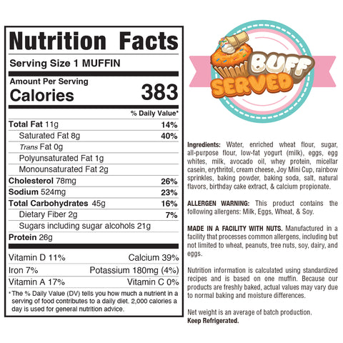 Buffin Muffin nutrition label: 383 calories per serving. Features nutritional breakdown, ingredients, allergen info, and a Buff Served graphic with a cartoon muffin in a chef hat. Available in assorted flavors.