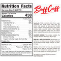Nutrition facts label for Buffin Muffin shows 438 calories per serving. Includes ingredient, allergen, and nutrition info, a note on nut use in facility, storage instructions to keep refrigerated, and availability in multiple flavors.