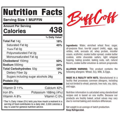 Nutrition facts label for Buffin Muffin shows 438 calories per serving. Includes ingredient, allergen, and nutrition info, a note on nut use in facility, storage instructions to keep refrigerated, and availability in multiple flavors.