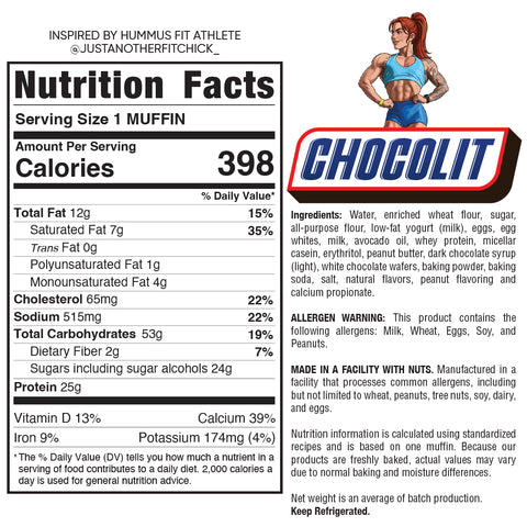 Nutrition facts and ingredients label for Buffin Muffin with serving size, calories, nutrient values, flavors, ingredients list, allergen warning, and product info in black text on a white background.