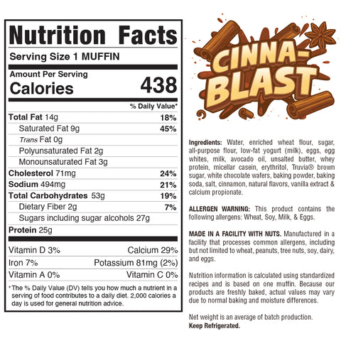 The Buffin Muffin nutrition label lists 438 calories per serving, along with ingredients, allergens, vitamin/mineral info, and a logo displaying cinnamon sticks and a swirl—a tasty snack option from our flavorful muffin selection.