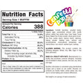 Nutrition facts label for a Confetti Pop muffin. It lists 388 calories per serving, with detailed breakdowns of fat, cholesterol, sodium, carbohydrates, and protein.
