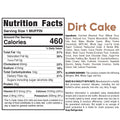 Nutrition facts label for Buffin Muffin Dirt Cake—a nostalgic dessert featuring a rich chocolate filling. Includes ingredients, allergens milk, wheat, eggs, soy, and nutrition info per serving: 460 calories, 22g sugar, 5g fiber, 16g fat, 58g carbohydrates, and 6g protein.