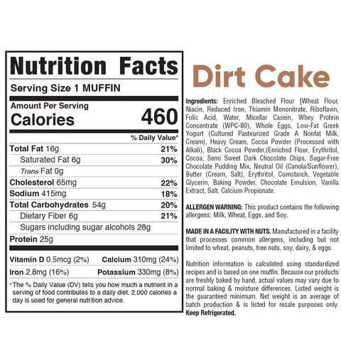 Nutrition facts label for Buffin Muffin Dirt Cake—a nostalgic dessert featuring a rich chocolate filling. Includes ingredients, allergens milk, wheat, eggs, soy, and nutrition info per serving: 460 calories, 22g sugar, 5g fiber, 16g fat, 58g carbohydrates, and 6g protein.