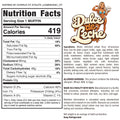 A nutrition label for Buffin Muffin displays 419 calories per snack, lists ingredients, allergens, and various flavors, and features an image of a muscular woman in swimwear holding muffins at the top right.