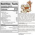 Nutrition label for Buffin Muffin - Dulce De Leche, showing 419 calories per serving, ingredients list, nut allergen warning, and a cartoon woman in athletic gear posing next to the product name.