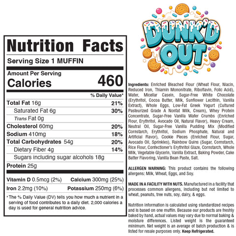 Nutrition label for Dunk`d Out Exclusive- 20 muffin with 460 calories, featuring ingredients, allergy warnings, and nutritional information. A colorful DUNKD OUT logo is displayed in the top right corner. For your convenience, early-access products from Buffin Bakery and Hummus Fit are also included.