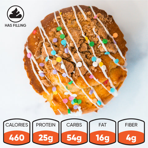 Try the new Dunk`d Out Exclusive-20: a Buffin Bakery cinnamon roll with icing and sprinkles, topped with cookie crumbles. It packs 460 calories, 25g protein, 54g carbs, 16g fat, and 4g fiber per serving. Look for the filling icon in the upper left corner This is part of our early-access products—be among the first to try it.