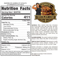 Nutrition label for Buffin Muffin - German Chocolate Cake showing 411 calories per serving, detailed nutrition facts, ingredients list, allergy info, and a cartoon muscular man flexing beside a bowl of cake.
