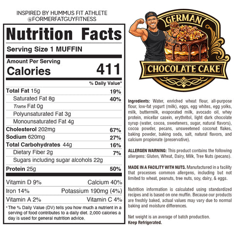 Nutrition label for Buffin Muffin - German Chocolate Cake showing 411 calories per serving, detailed nutrition facts, ingredients list, allergy info, and a cartoon muscular man flexing beside a bowl of cake.