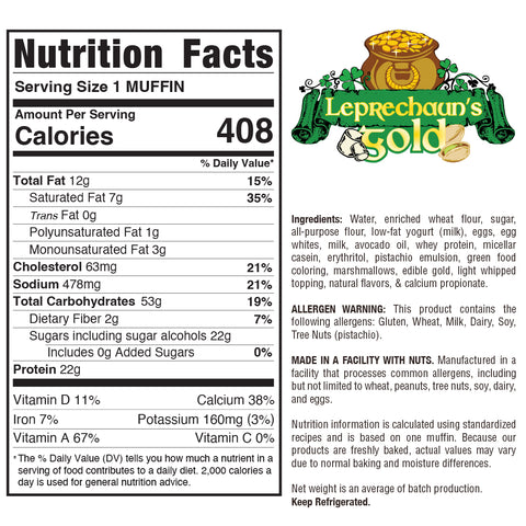 Nutrition label for Buffin Muffin - Leprechaun's Gold, showing ingredients, allergens, and nutrition facts per pistachio muffin 408 calories, vitamins, minerals, with a note about nut facility. Features green and gold logo at the top.
