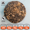 PB Blackout Exclusive chocolate-covered donut topped with cookie crumbles, featuring peanut and filling icons, and a nutrition label listing 470 calories, 26g protein, 53g carbs, 17g fat, and 6g fiber.
