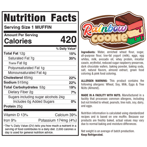 Buffin Muffin nutrition label features nutrition facts, ingredients, allergen and facility warnings, plus product branding with a colorful logo and cookie graphic on the right. Try all our delicious Buffin Muffin flavors.