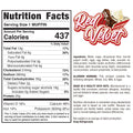 Nutrition label for Buffin Muffin Red Velvet with 437 calories per serving, ingredients, allergen info, storage instructions, and an image of a red velvet muffin topped with cream cheese frosting.