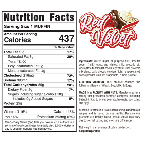 Nutrition label for Buffin Muffin Red Velvet with 437 calories per serving, ingredients, allergen info, storage instructions, and an image of a red velvet muffin topped with cream cheese frosting.