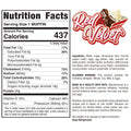 Nutrition facts for Buffin Muffin red velvet: 437 calories per serving. Ingredients, allergen info, and manufacturer details appear on the right with a graphic—discover more Buffin Muffin flavors.