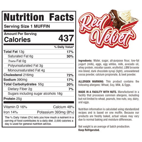 Nutrition facts for Buffin Muffin red velvet: 437 calories per serving. Ingredients, allergen info, and manufacturer details appear on the right with a graphic—discover more Buffin Muffin flavors.