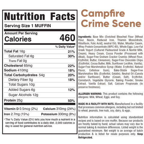 Nutrition label and ingredient list for a high-protein muffin named Buffin Muffin. The label details calories, fat, cholesterol, sodium, carbohydrates, protein, vitamins, and allergens. Ingredients and allergen warnings are also included. Enjoy this delicious no added sugar muffin option that’s as mindful as it is flavorful.